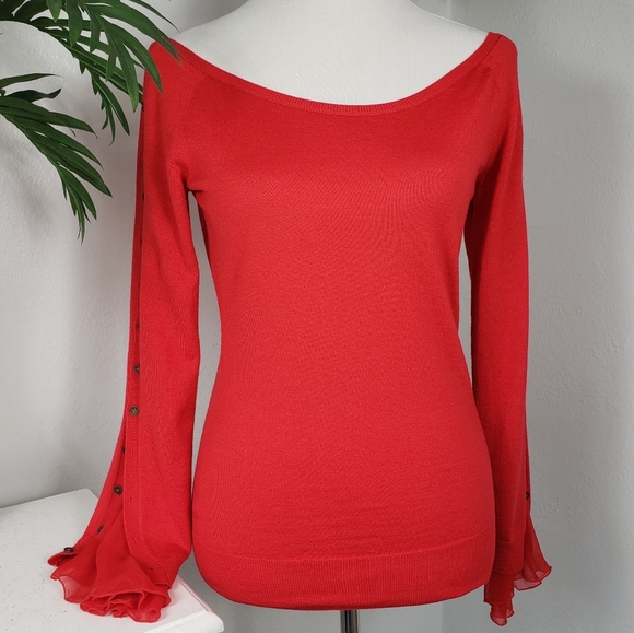 Oscar de la Renta Red Off-Shoulder with Silk Ruffled Sleeves & Cuff & Buttons
